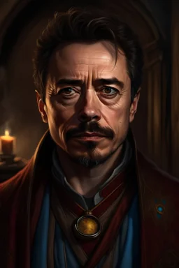 a beautiful portrait photograph of Tony Stark as a dungeons & dragons bard with piercing eyes