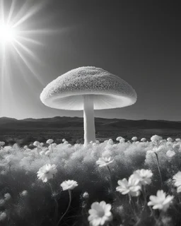 ULTRA REALISTIC, B&W Photograph, A mushroom cloud made of WHITE FLOWERS, in the distance in the desert, at Golden Hour, cinematic, cinematic shot, dynamic composition, details, intricate detail, professional lighting, film lighting, 35mm, anamorphic, lightroom, cinematography, bokeh, lens flare, film grain, hdr10, 8k, Roger Deakins, incredibly detailed, reflect, sharpen