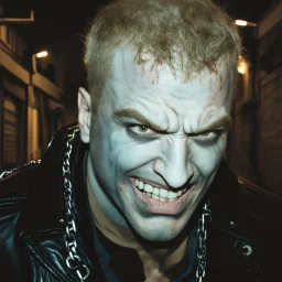 very grainy discolored 2000s photo, closeup portrait, dark night alley with no lights, grunge, extremely gaunt male with chalk-white skin wearing a leather jacket with chains, angry, imposing, bald, fiery look in the eyes, bruja