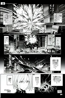 explosion in city, manga page, greyscale