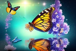 tree, water reflection, butterfly, flowers, galaxy, cosmos, science fiction, epic scene.