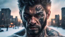 Double exposure, Wolfman, photorealism, man, city, sunset, snow, rain, fantasy, mystical, tattoo, vertical pupils, high detail, high resolution, 8K