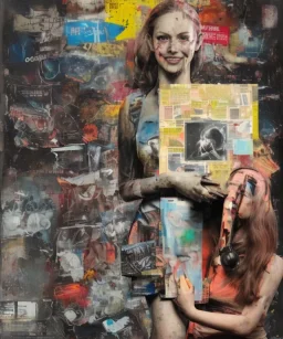 happy beautiful girl holding big proffesional camera in studio. street art, oil on canvas, spray paint, collage, letters, newspapeers, Dave McKean, Vladimir Fedotko, Saturno Butto, Vaughn Bodé, Frank Wu, James C. Christensen, collage, dirty, paint dripping, radiant