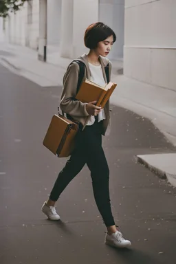 color photo of a student girl 22 years old ,short hair with her books in her hand walking in street,next to trees.