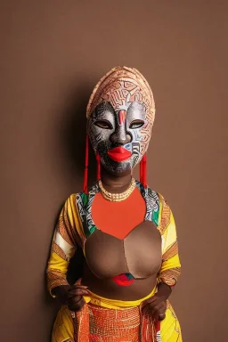 Portrait voluptuous African lady wearing a Noh mask, full body shot, full-color medium shot