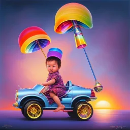 A one-year-old boy rides in the plastic funny toy-car on the middle of a busy street in new york. He has and a large-brimmed straw hat. somehow photographic bright colors and sunset, fantasy art, Anna Dittmann, digital painting, dan mumford, oil on canvas, jeff koons, akihito yoshida, wlop, kodachrome,