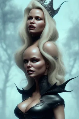 Pamela Anderson as evil queen in black leather, leather, busty, cleavage, angry, stern look. character design by cory loftis, fenghua zhong, ryohei hase, ismail inceoglu and ruan jia. unreal engine 5, artistic lighting, highly detailed, photorealistic, fantasy