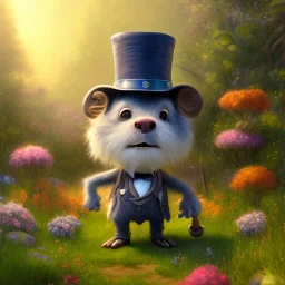 pixar style, volumetric summer garden environment and background, realistic painting of a cute midget abraham lincoln with stovepipe hat, looking excited, volumetric lighting, dramatic lighting, detailed digital painting, extreme dense and fine fur, anime, ornate, colour-washed colors, elegant, small minutiae, tiny features, particulars, centered, smooth, sharp focus, renderman gofur render, 8k, uhd, detailed eyes, realistic shaded volumetric lighting