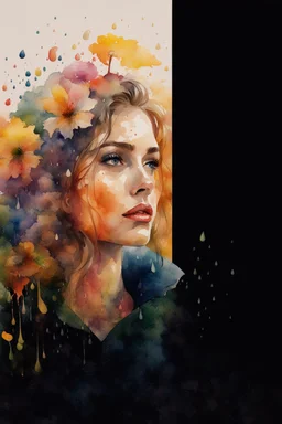 watercolor portrait of a woman, lush hair, rain, flowers, umbrella, autumn, paint blots, splashes, tears, plants, yellow, blue, green, orange colors