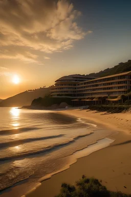 hotel eden en el medio de una playa paradisiaca rodeada de cerros con el amanecer de fondo