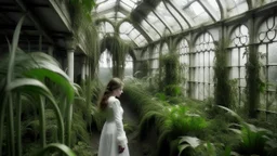 ABANDONED GREENHOUSE WHERE SOME CLIMBING AND CARNIVOROUS PLANTS STILL LIVE and A MYSTERIOUS LADY DRESSED IN WHITE