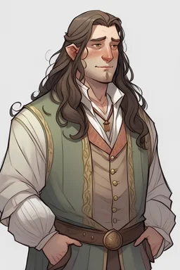 young half-elf man, fat, tan skin, well-dressed, long hair