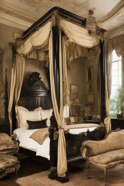 Beautiful ornate four post canopy bed in a dark colored bedroom, victorian, black and gold