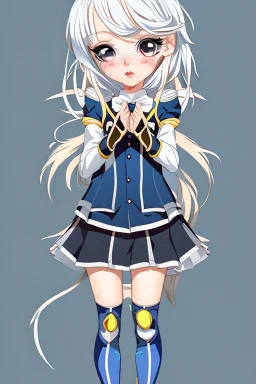 The girl should be a young and energetic anime lady, with light-colored hair (such as blonde or silver) styled in a playful way. She should have bright and expressive eyes, maybe with a hint of mischief or curiosity. Her outfit can be inspired by the colors and symbols of the Gemini zodiac sign, with a mix of blue, yellow, and white, and some dualistic motifs such as two butterflies, birds, or stars.