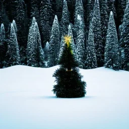 isolated christmas tree in the middle of mountain