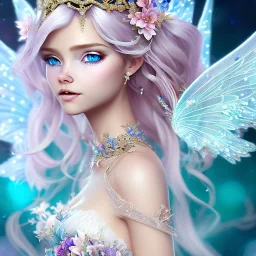 only one cute fantasy fairy with transparent wings, smiling, blue eyes, make up, long platinum blond hair with crown and flowers, pink dress, unity engine