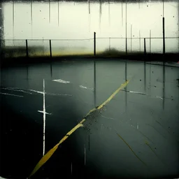 Minimal abstract oil paintings desolate 1960s carpark concrete fragments in a rain storm. style of Justin Mortimer and Francis Bacon. road markings.