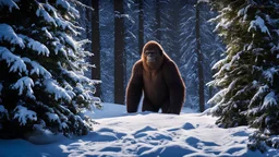 Hidden by trees and bushes bigfoot peeks out, winter, uhd, 8k, intense lighting, award winning masterpiece, extremely detailed, detailed background, cinematic, complex and multi-dimensional lighting, night