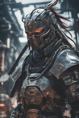 Close image of Anime depiction of a cybernetic samurai in a post-apocalyptic setting, focusing on the intricacies of the armor and weaponry, 8k realistic