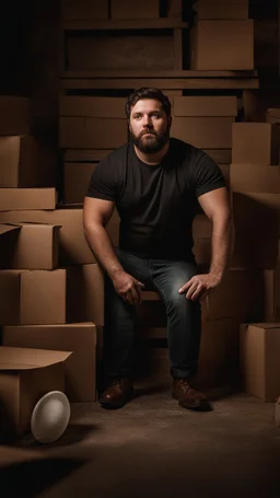 full figure photography of a shy burly chubby muscular 28 year old sicilian man with short beard white t-shirt, in a dark cellar full of cardboard boxes and old objects , look at camera, shy eyes, hyper realistic, Cinematic, 35mm lens, f/1.8, side light, dim lights, ambient occlusion , frontal view from the ground