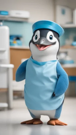 Un pingouin bleu portant l'uniforme d'un dentiste à l'intérieur de la clinique