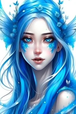 Very very cute snow fairy woman with a lovely face and radiant with beauty and googdness, great wisdom, transparent blue wings, full lips, depuis blue eyes, long blue hair with small shapes