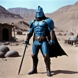 [high res photo of a movie by Ray Harryhausen] confident Hullabaloo Higitus Figitus Fantomas the blue alienin as a Wasteland Warrior, in leather outfit, he has incredible weapons