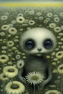 adorable H.R. Giger creature with big reflective eyes in a flower field, by Catrin Welz-Stein