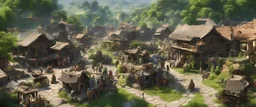 A busy outdoor village market, in a beautiful outdoor countryside summer scene, with hills, intricate dwellings, many weird creatures, many pathways & stairways, waterfalls, & a waterwheel : very high detail, photorealistic, epic cinematic, 8K, Large depth of field