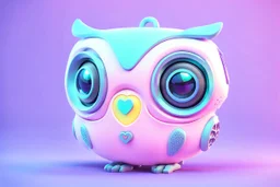 Air Quality monitor with LCD display, Tiny cute isometric Robotic Owl with screen on its tummy like emoji, Cyberpunk, futuristic, heart shape, soft lighting, soft pastel colors, 3d icon clay render, blender 3d, pastel background --v 4 --s 750