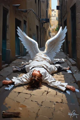 Abstract expressionism oil painting of an Urban alley grunge scene, fallen angel laying on ground in ripped robes, white stained wings, feathers misplaced, slight glowing, but broken halo. Dirty walls, graffiti in Latin, oil on the ground. Harsh shadows and goth undertones. areal view looking down , messy brush strokes, close up