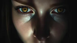 close up face shadow dark gold eyes, void, pain, hyper-realistic detail, floats in deep darkness, abyss, crepy stunning, dark, surreal vibe with meticulous clean pale skin dark golden eyes, . dark shadow and weird surreal mood