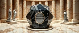 perfect geometry, niad, greek gods and heroes, the chariot, the fool and the tower tarot card disaster rendered in magnificient 4d glossy marble stones reflective and wet, like mirrors, winding stairs, watchers, statues of perfect octahedron dice spaceship with oval door
