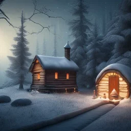 Mysterious christmas night, a small lonely hut, surreal atmosphere, cosmic backdrop, celestial ambience, soft lighting, very chilly appearance of the surroundings, unreal engine 5 volumetric lighting, intricate details, realistic style, 8k resolution