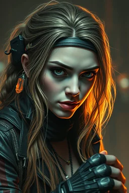 pen outline, volume light, motion blur cyberpunk young biker Jennifer Connelly gypsy vampire with head band mods painted by Rembrandt and Titian and Giger