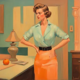 oil painting of woman in messy blouse pointing to her neck, 1950s architecture interior house, art deco furniture visible. peach orange and cyan interior