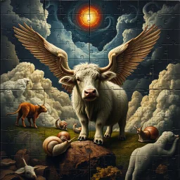 geometric composition of almost fully laid small puzzle pieces tapestry showing angry god storm in heaven suffering through a pinhole cam picture of heavenly fluffy elevated messed up woodland elongated slimy cow snail story teller and ad & d monster creatures flock painted by Nerdrum and Rembrandt