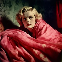 Jean harlow, grunge, in a red and pink blanket, autochrome, baroque, studio
