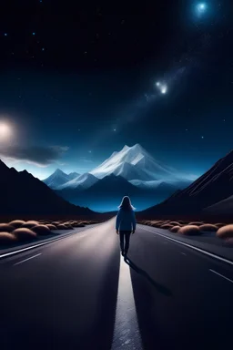 A girl standing in between 2 intersection of a road one road leading to bright and sunny snow capped mountain and another road leading to starry night
