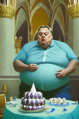 fat ugly viktor orban in a suite eating birthday cake in a castle. There are soccer balls around