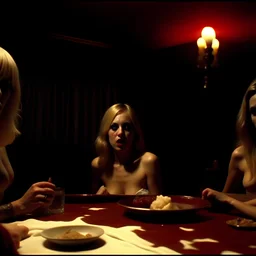 Horror movie shot, spooky, hot, ultra realistic, dine, they enjoy and get excited, ultra realistic hot blonde women, party, pieces of meat, organs, ail, dynamic, very excited people, hypermaximalist figures, light, 1970's Italian horror movie, sinister,, Dario Argento, Stanley Kubrik, ornate, 4k, photorealism