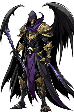 Fry grim reaper knight hero with black wings and cool black plate armor trimmed in gold and purple with a flowing black cape but with a handsome human vampire face