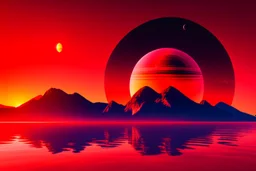 Exoplanet in red horizon, mountains, and sea