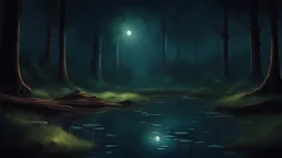 Paisaje que muestra un estanque mágico escondido en lo profundo del bosque, es de noche, hay peces que brillan con la luz de la luna, está LLOVIENDO a càntaros y hay algunas luciérnagas que rodean el paisaje.