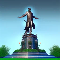 Monument, city centre, statue of human on top, look from distance, visible whole statue, overgrown, realistic, highly detailed