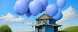 A pale periwinkle observatory with balloons painted by Frank Wilson