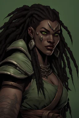 dungeons and dragons character portrait of a very strong and big beast human female warrior with black skin and dreadlocks and thick eyebrows and big nose and big fangs and green eyes. Make her fangs visible.