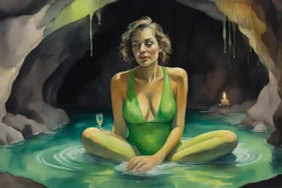 Close-up portrait of a contented woman in a bright neon green bathing suit sitting in the water of a cave bath, the walls and ceiling of the bath are dark brown clay-like, a few candles illuminate it suggestively, the woman is contentedly sipping champagne, lifelike watercolour, S<AI