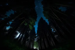 in the perspective of being in the forest with a glimpse of the dark blue night sky but looking straight into the forest.