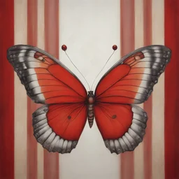 A butterfly, red, in the style of Margaret Keane, red curtain